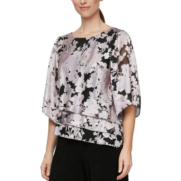 NEW Alex Evenings Top Small Pink Tiered Blouse Burnout Mesh Flutter Sleeve Fancy - Picture 1 of 9